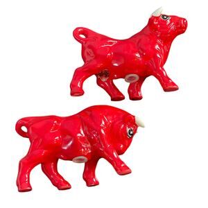 Lego Japan Red Bull Salt & Pepper Shakers Vintage Mid Century Ceramic MCM Glazed